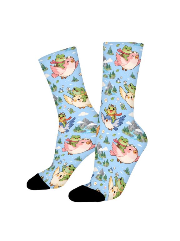 Frog Riding Bird Flying Valley Funny Novelty Crew Socks for Women Men Sports