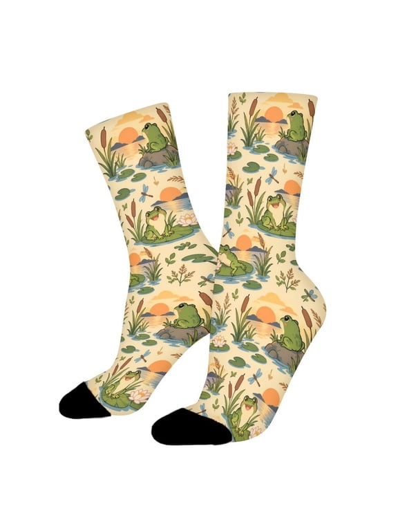 Frog Sunset Lake Reeds Funny Novelty Crew Socks for Women Men Sports