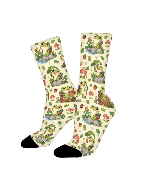 Frog With Backpack Forest Adventure Funny Novelty Crew Socks for Women Men Sports