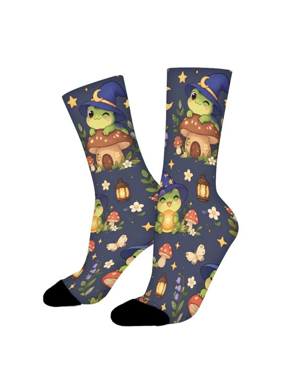 Frog Wizard Hat Magic Mushroom Funny Novelty Crew Socks for Women Men Sports