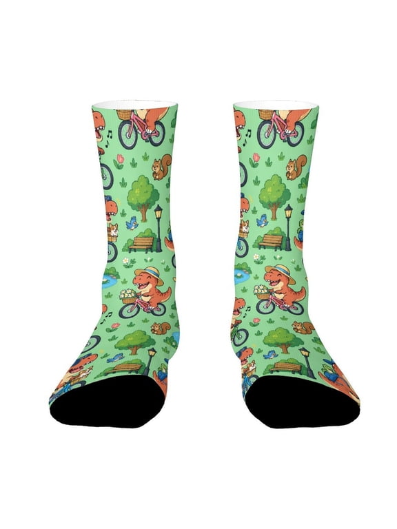 Funny T Rex Riding Bike_1 Funny Novelty Crew Socks for Women Men Sports