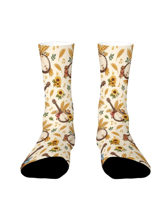 Golden Banjo Wheat Music Decor Funny Novelty Crew Socks for Women Men Sports