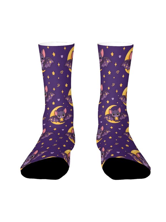 Golden Moon Bat Starry Wings Funny Novelty Crew Socks for Women Men Sports