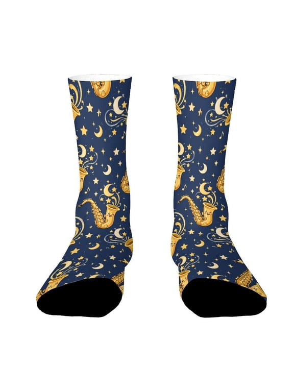 Golden Saxophone Moon Stars Funny Novelty Crew Socks for Women Men Sports