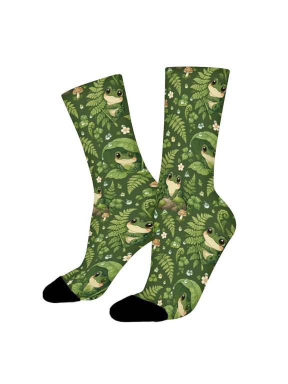 Green Frog Fern Forest Dew Funny Novelty Crew Socks for Women Men Sports