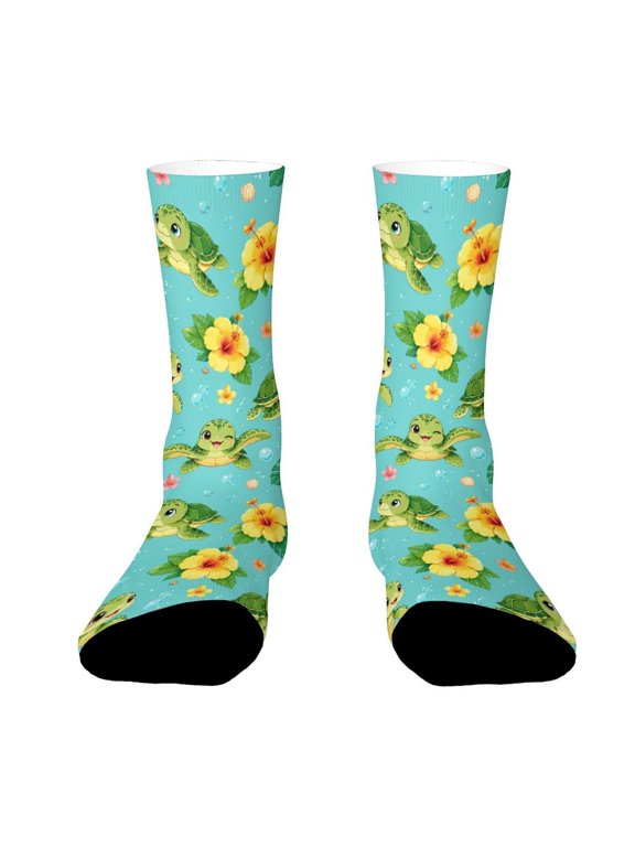 Hawaii Yellow Hibiscus Sea Turtle Tropical Seamless Pattern Funny Novelty Crew Socks for Women Men Sports