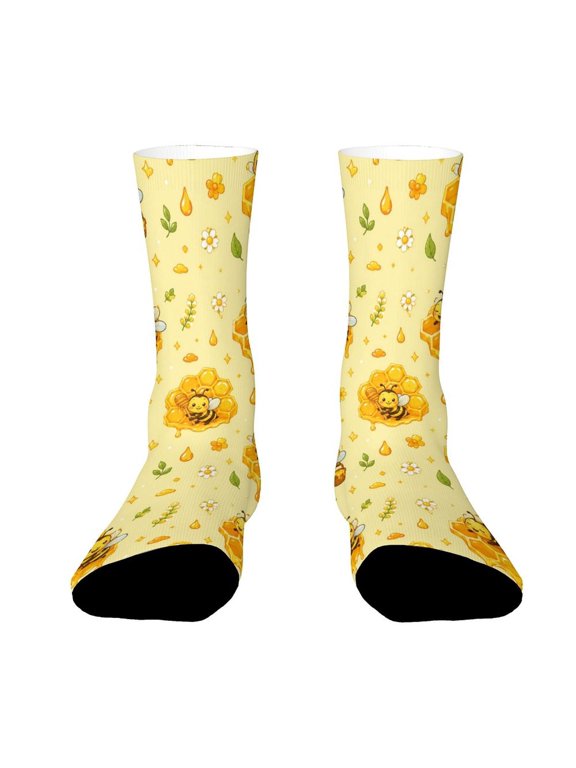 Hexagonal Honeycomb Pattern With Bees Funny Novelty Crew Socks for Women Men Sports