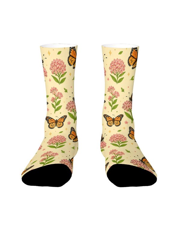High Definition Seamless Monarch Butterfly Milkweed Illustration Funny Novelty Crew Socks for Women Men Sports