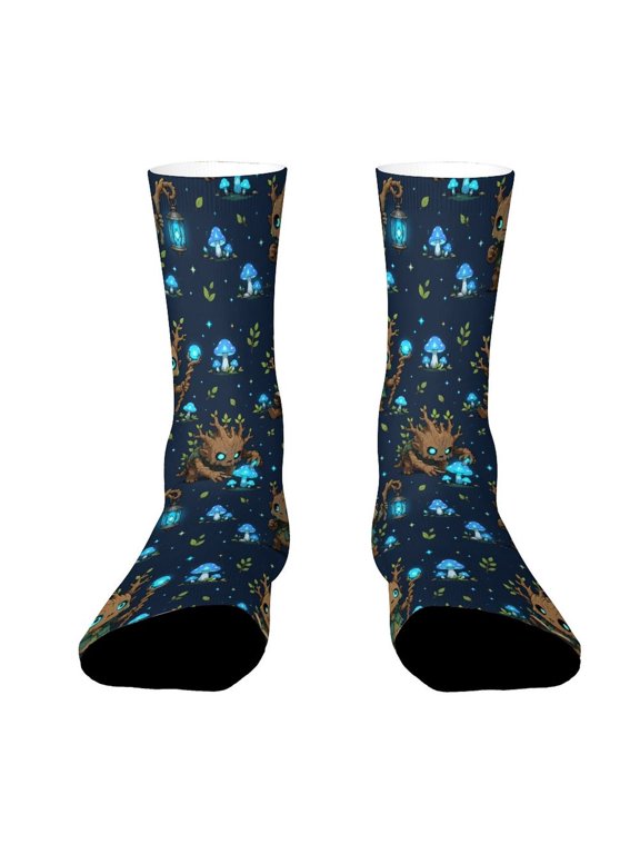 Magic Forest Dead Tree Goblin Glowing Blue Mushrooms Funny Novelty Crew Socks for Women Men Sports