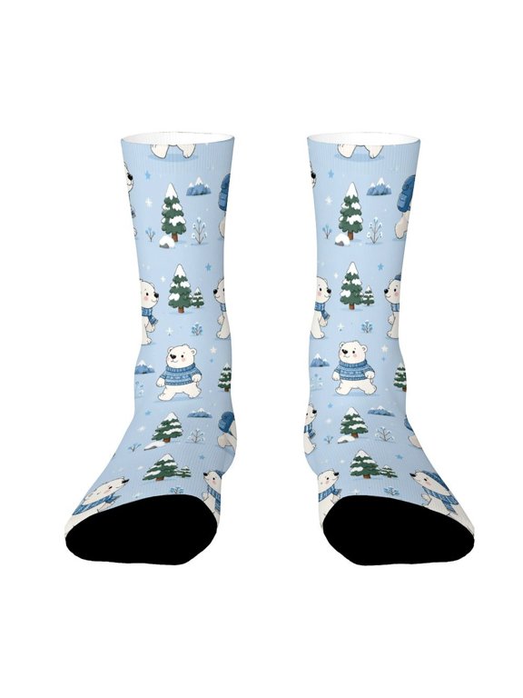 Minimalist Illustration Polar Bear Pine Forest Funny Novelty Crew Socks for Women Men Sports