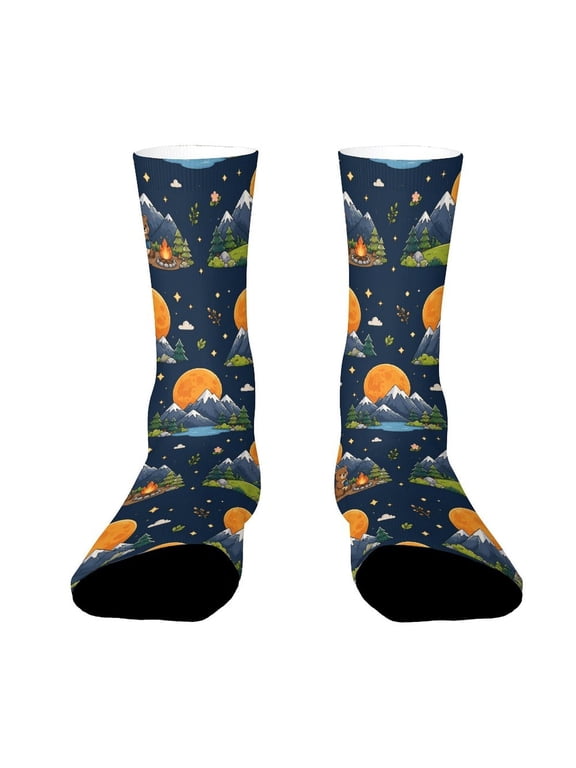 Minimalist Rocky Mountain Silhouette Orange Full Moon Funny Novelty Crew Socks for Women Men Sports