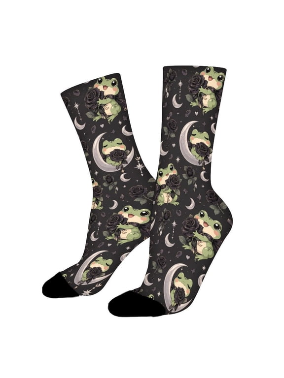 Mysterious Frog Black Rose Moon Funny Novelty Crew Socks for Women Men Sports