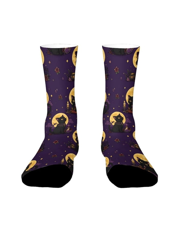 Mystic Gothic Black Cat Yellow Moon Funny Novelty Crew Socks for Women Men Sports