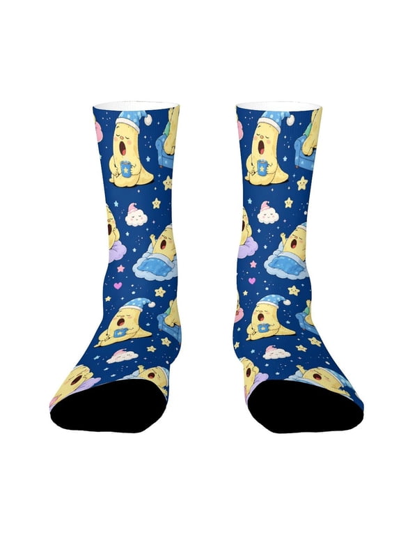 Nap Time Happy Hour Moon Illustration Funny Novelty Crew Socks for Women Men Sports