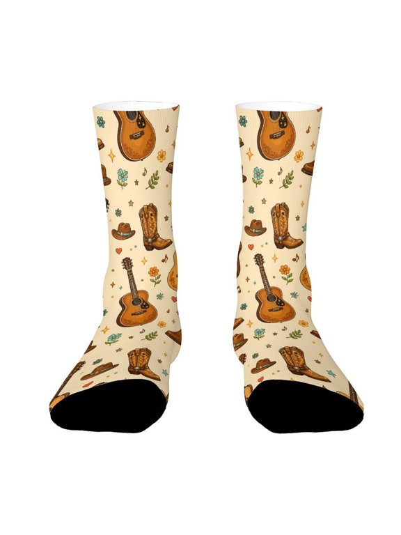 Nashville Country Music Guitar Cowboy Boots Funny Novelty Crew Socks for Women Men Sports