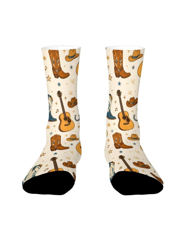 Nashville Country Music Guitar Cowboy Boots Pattern Funny Novelty Crew Socks for Women Men Sports