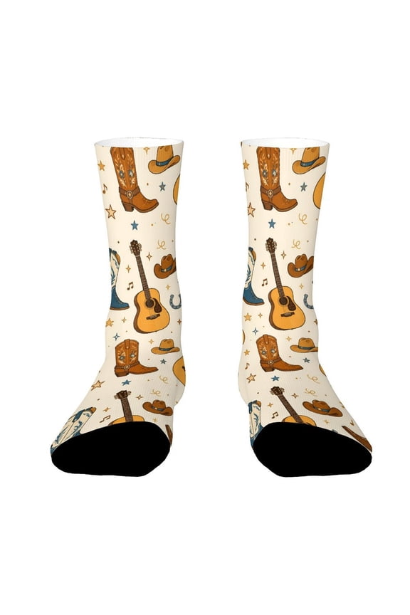 Nashville Country Music Guitar Cowboy Boots Pattern Funny Novelty Crew Socks for Women Men Sports