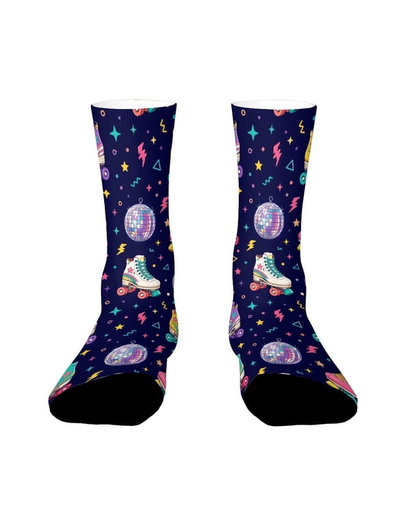 Neon Retro Roller Skates Disco Seamless Pattern Funny Novelty Crew Socks for Women Men Sports