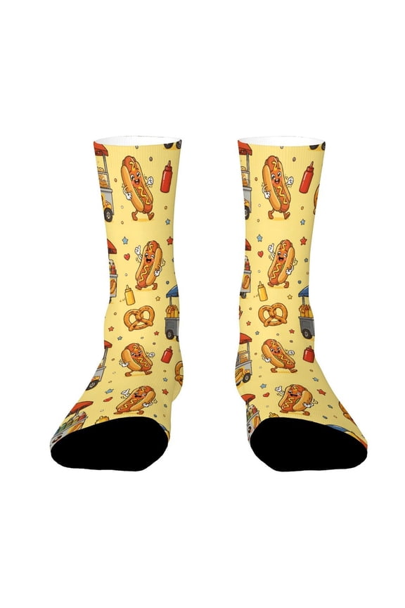 New York Street Hot Dog Cart Pretzel Pattern Funny Novelty Crew Socks for Women Men Sports