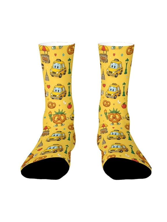 New York Street Pretzel Yellow Taxi Seamless Pattern Funny Novelty Crew Socks for Women Men Sports