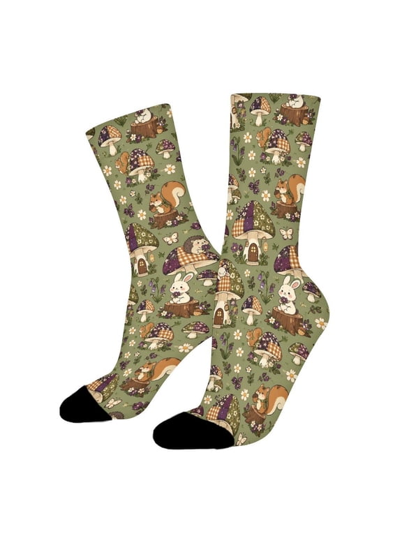 Olive Green Floral Mushroom Patchwork Funny Novelty Crew Socks for Women Men Sports