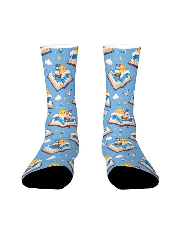 Open Book Ocean Sailboat Sun Funny Novelty Crew Socks for Women Men Sports
