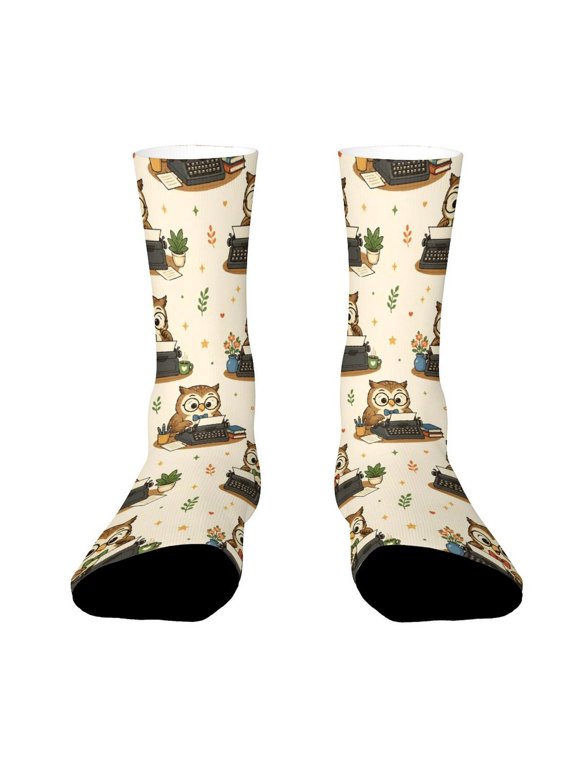 Owl Wearing Glasses Typing Old Typewriter Funny Novelty Crew Socks for Women Men Sports