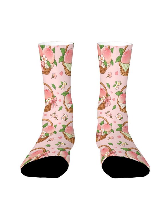 Pink Peach Wicker Basket Fruit Funny Novelty Crew Socks for Women Men Sports