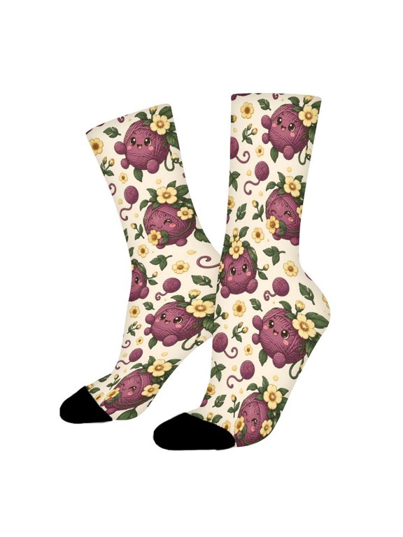 Purple Yarn Balls Leaf Flowers Funny Novelty Crew Socks for Women Men Sports