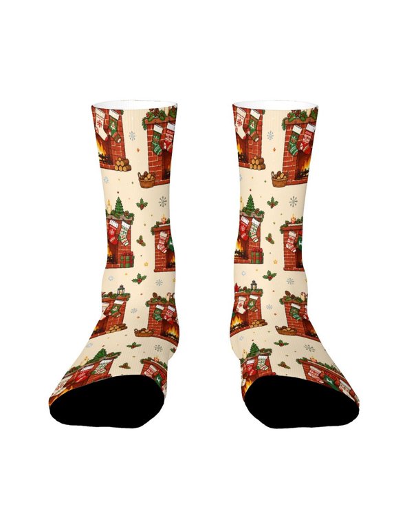 Red Brick Fireplace Knitted Christmas Stockings Funny Novelty Crew Socks for Women Men Sports
