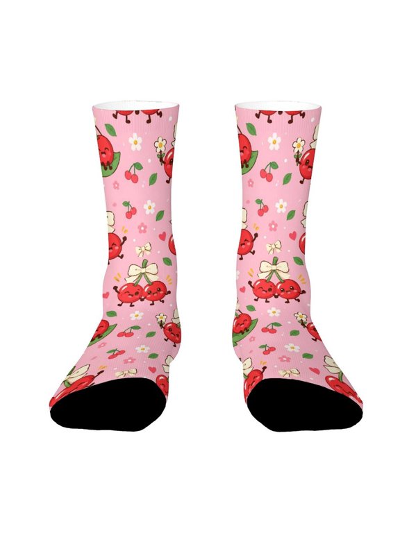 Red Cherries White Bow Funny Novelty Crew Socks for Women Men Sports