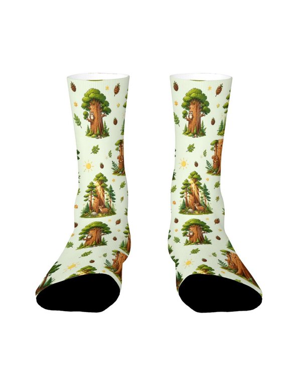 Redwood Tree Trunks Sunlight Seamless Forest Pattern Funny Novelty Crew Socks for Women Men Sports