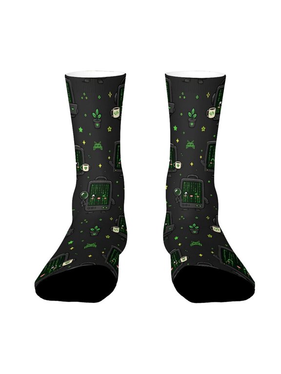 Retro Computer Green Code Rain Funny Novelty Crew Socks for Women Men Sports