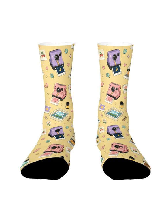 Retro Polaroid Camera Photo Frames Illustration Funny Novelty Crew Socks for Women Men Sports
