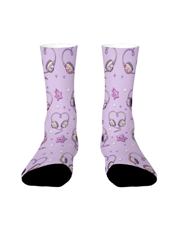Retro Wired Headphones Heart Stars Funny Novelty Crew Socks for Women Men Sports