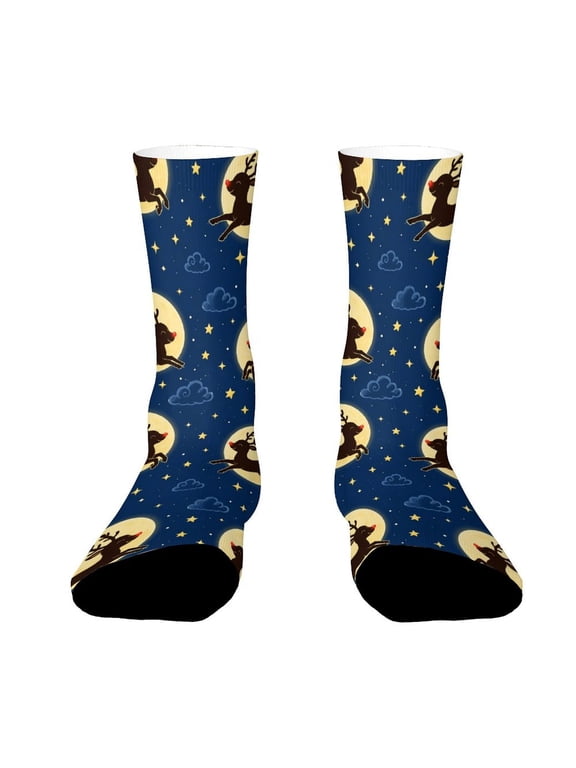 Rudolph Silhouette Flying Over Moon Funny Novelty Crew Socks for Women Men Sports