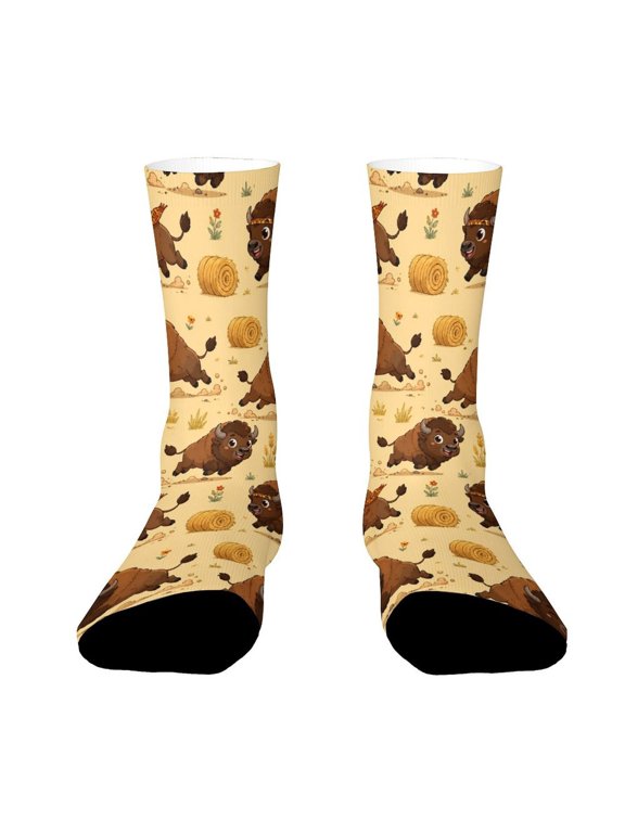 Running Bison Silhouette Prairie Hay Texture Funny Novelty Crew Socks for Women Men Sports