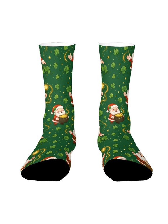 Santa Magic Gold Clover Pattern Funny Novelty Crew Socks for Women Men Sports