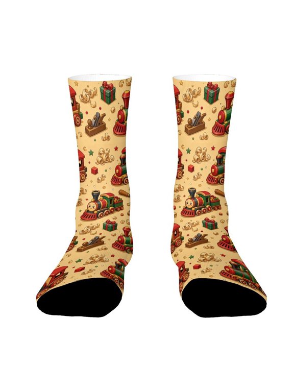 Santa Workshop Wood Shavings Train Funny Novelty Crew Socks for Women Men Sports