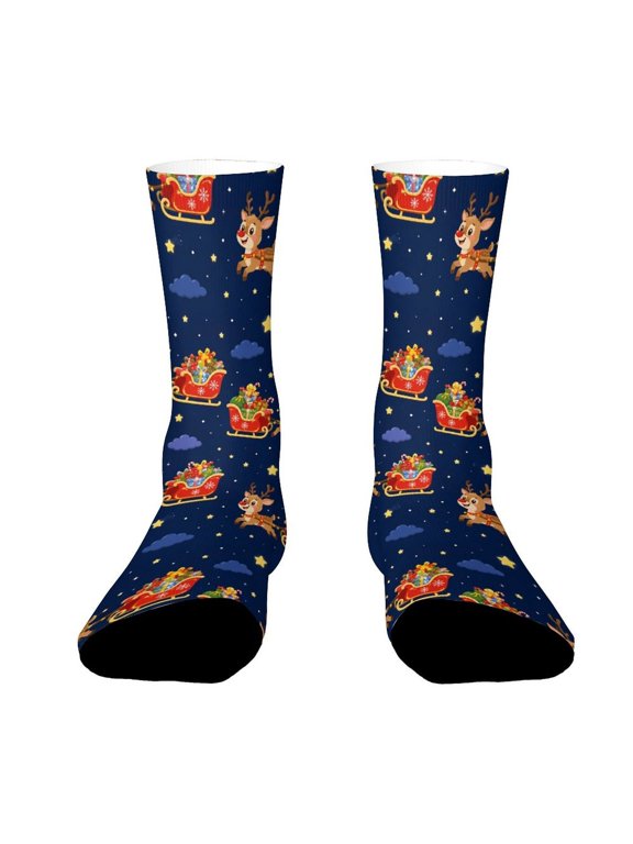 Silhouette Reindeer Flying Night Sky Sled Funny Novelty Crew Socks for Women Men Sports