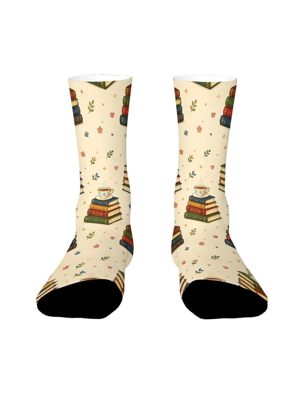 Stacked Classic Books With Tea Funny Novelty Crew Socks for Women Men Sports