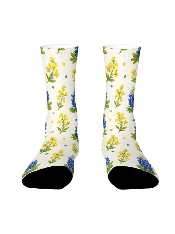 Texas Bluebonnet Wild Mustard Watercolor Print Funny Novelty Crew Socks for Women Men Sports