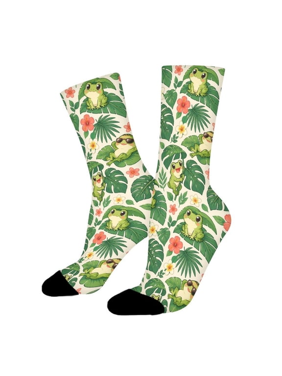 Tropical Frog Leaf Print Funny Novelty Crew Socks for Women Men Sports