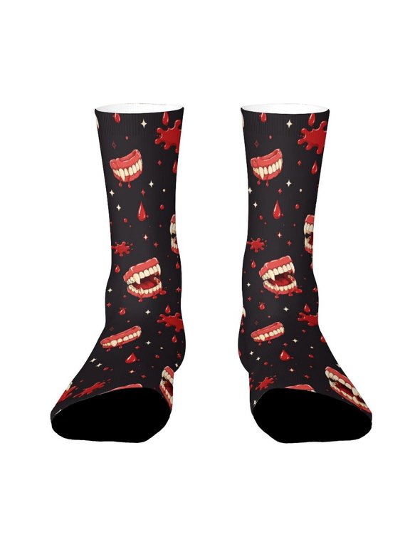 Vampire Dracula Dentures Blood Drops Pattern Funny Novelty Crew Socks for Women Men Sports