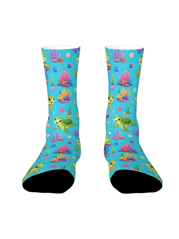 Vibrant Underwater World Hawaiian Green Sea Turtle Colorful Coral Reef Funny Novelty Crew Socks for Women Men Sports