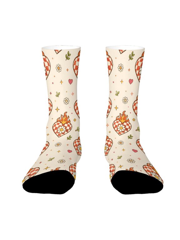 Vintage Checkered Flame Daisy Funny Novelty Crew Socks for Women Men Sports