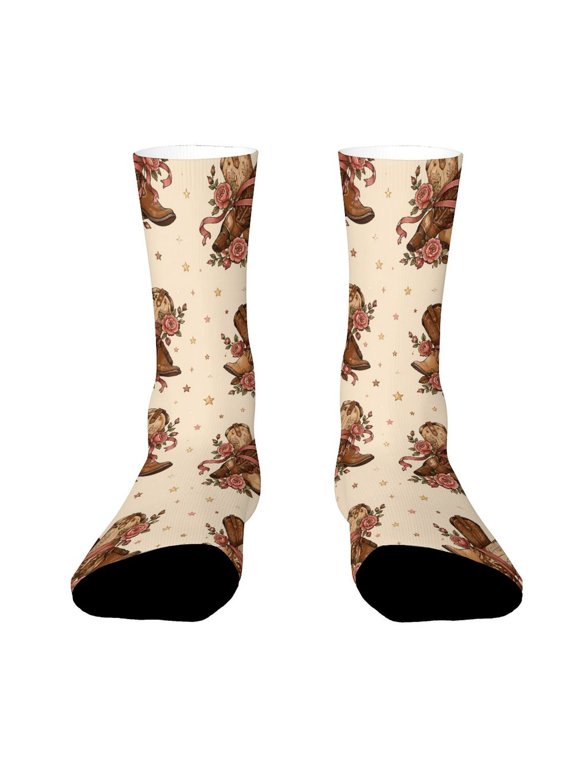 Vintage Cowboy Boots Rose Ribbon Funny Novelty Crew Socks for Women Men Sports