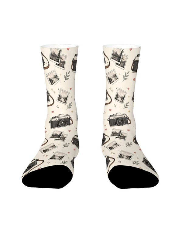 Vintage Film Camera Scattered Photos Funny Novelty Crew Socks for Women Men Sports