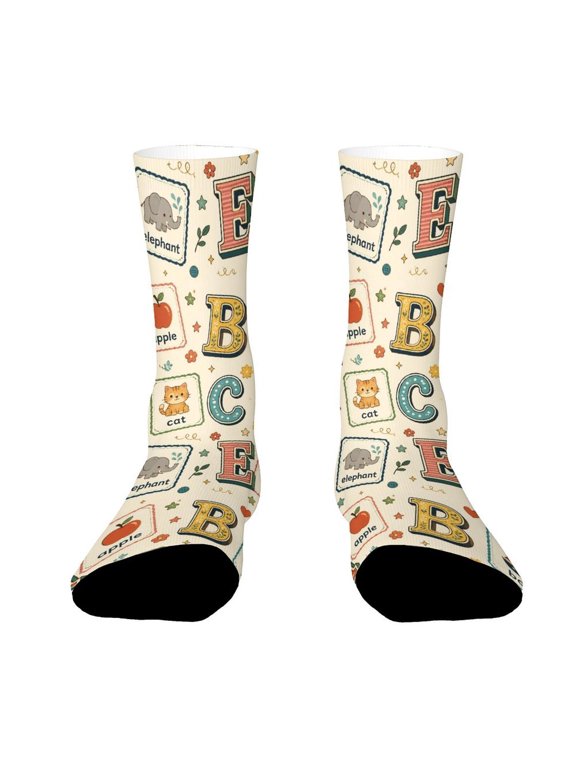 Vintage Font Collage Alphabet Cards Funny Novelty Crew Socks for Women Men Sports