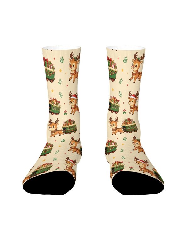 Vintage Green Train Carriage Elk Funny Novelty Crew Socks for Women Men Sports